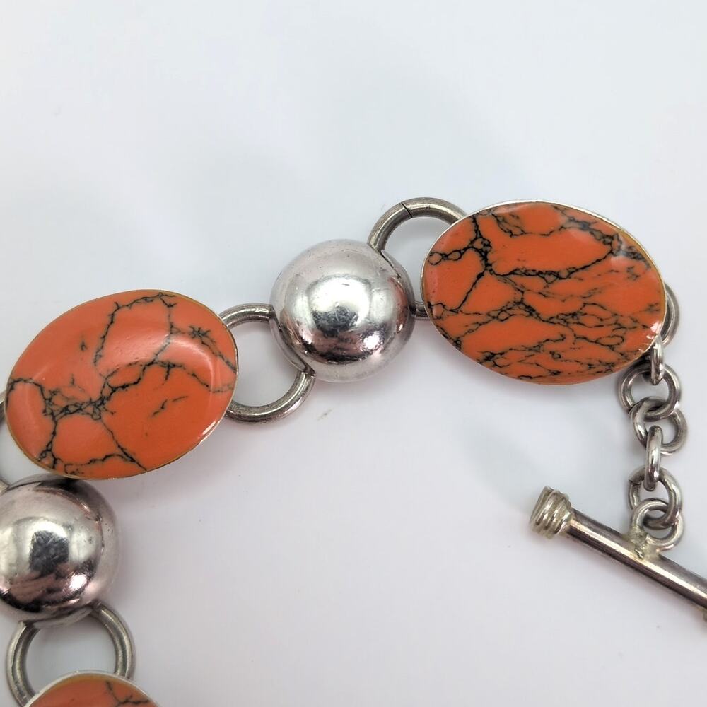 Sterling Silver 925 Mexico Orange and Black Oval Gemstone Toggle Bracelet 39.6g - Picture 6 of 9